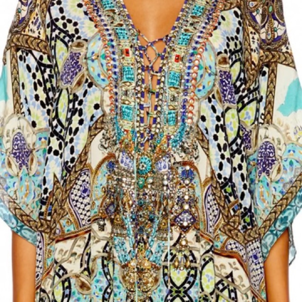 Camilla Franks Short Kaftan w/ added Fringe Hem, Meet Me In Casablanca, Silk, OS - Picture 4 of 9
